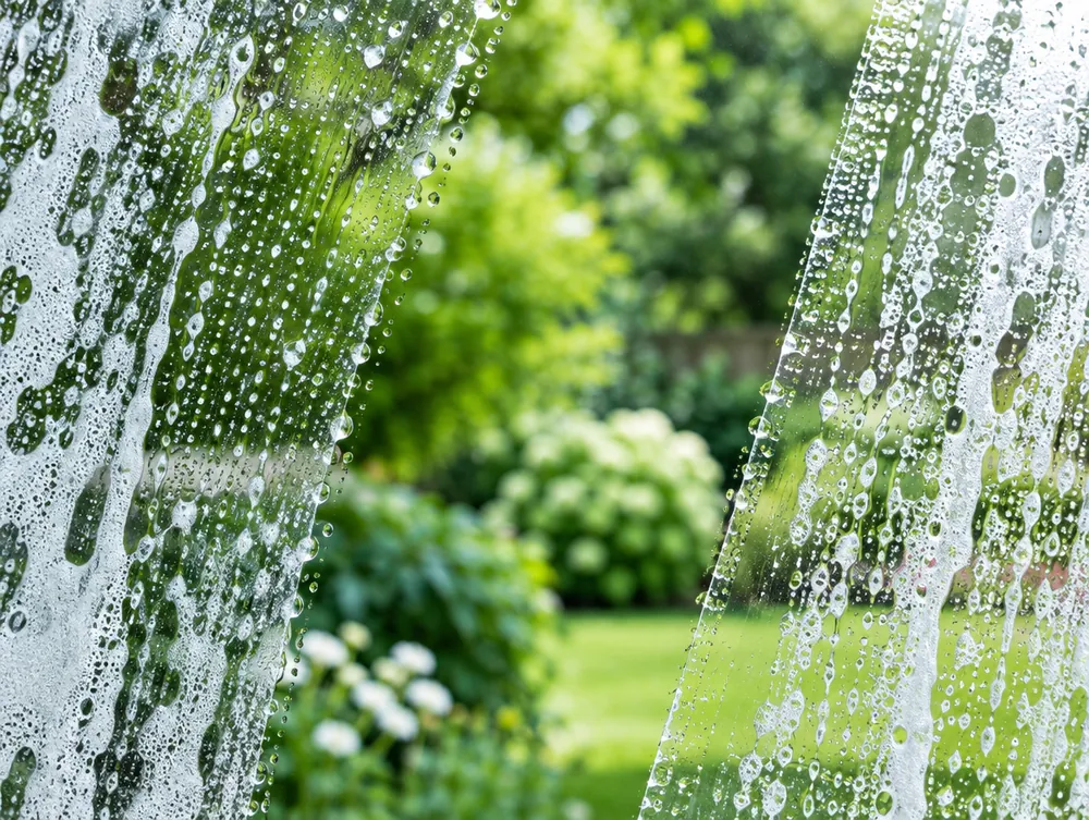 Close-up of a clean swipe through soapy window glass with a green garden behind